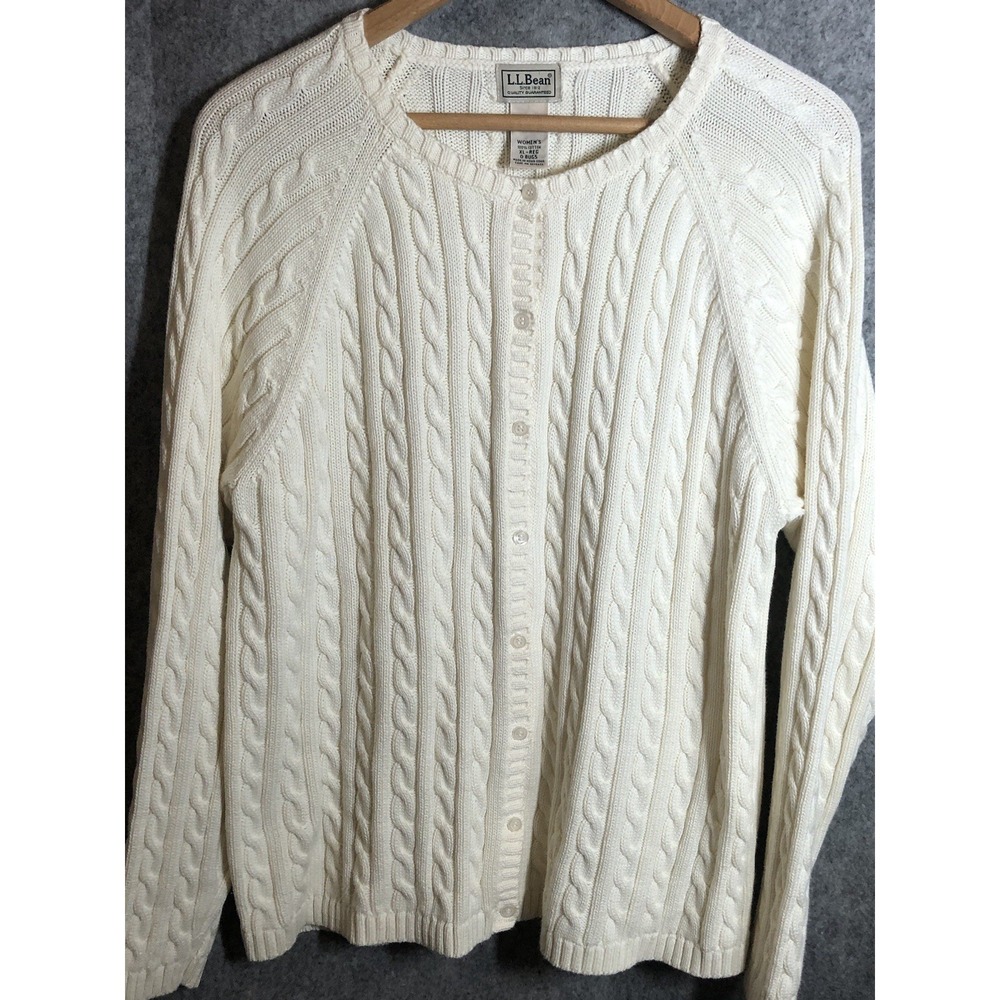 L.L. Bean Sweater Womens Extra Large Ivory Cable Knit Classic Cardigan